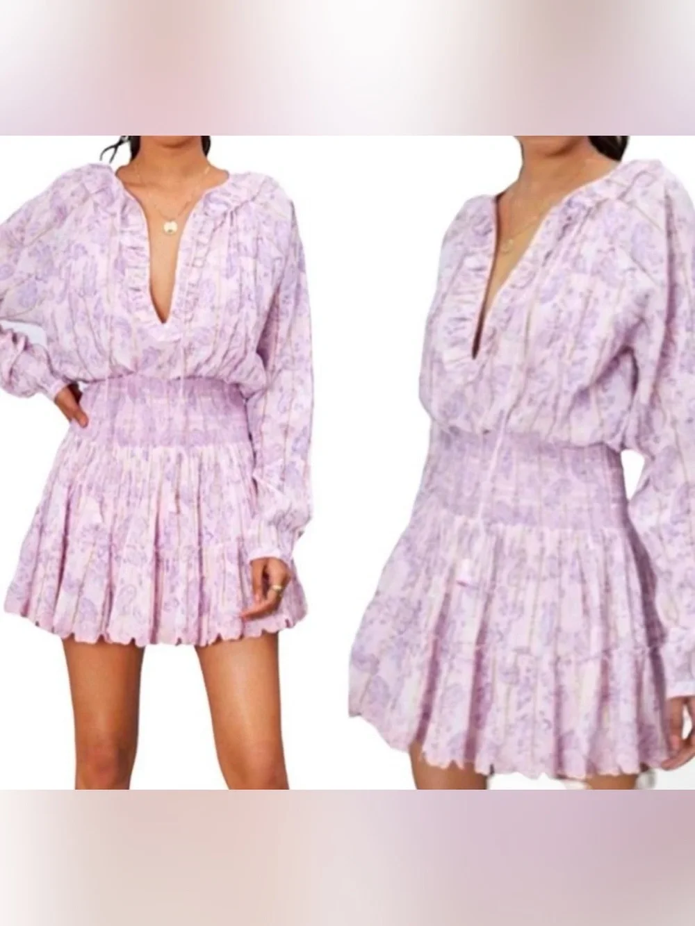 House of Harlow 1960 Boho Paisley Smocked Mini Dress S Lilac Puff Sleeve - Picture 14 of 14